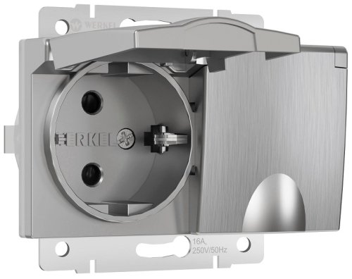 Розетка с заземлением без рамки Werkel 1-м. 2-мод. крышка шторки IP44 серебряный рифленый картинка